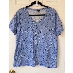 Ann Taylor Blue Abstract Dot Print V-Neck Cotton‎ Tee Shirt XXL